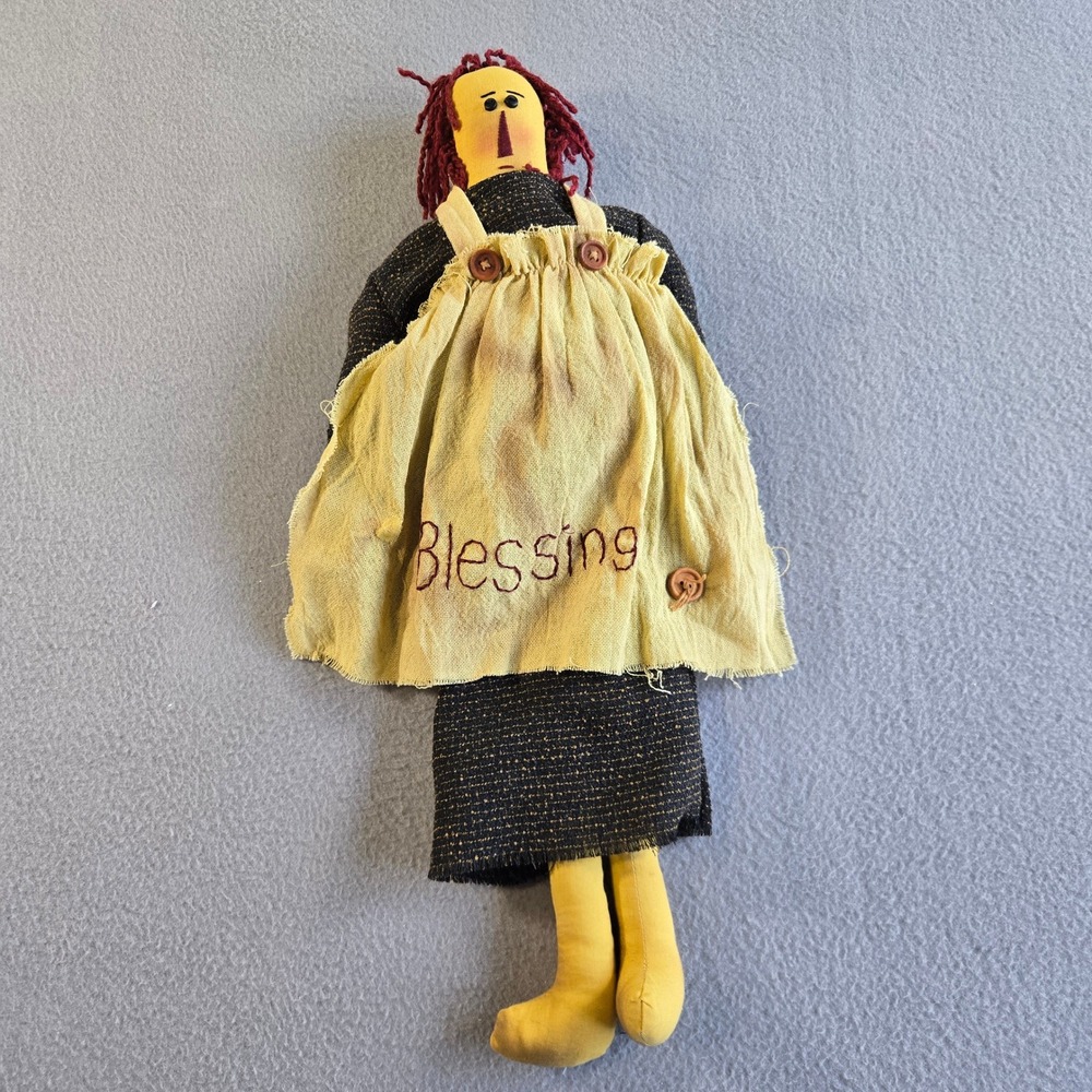 CDM Wholesale Primitive Rag Doll Female 19.5in Yellow Black Blessings Folk Art